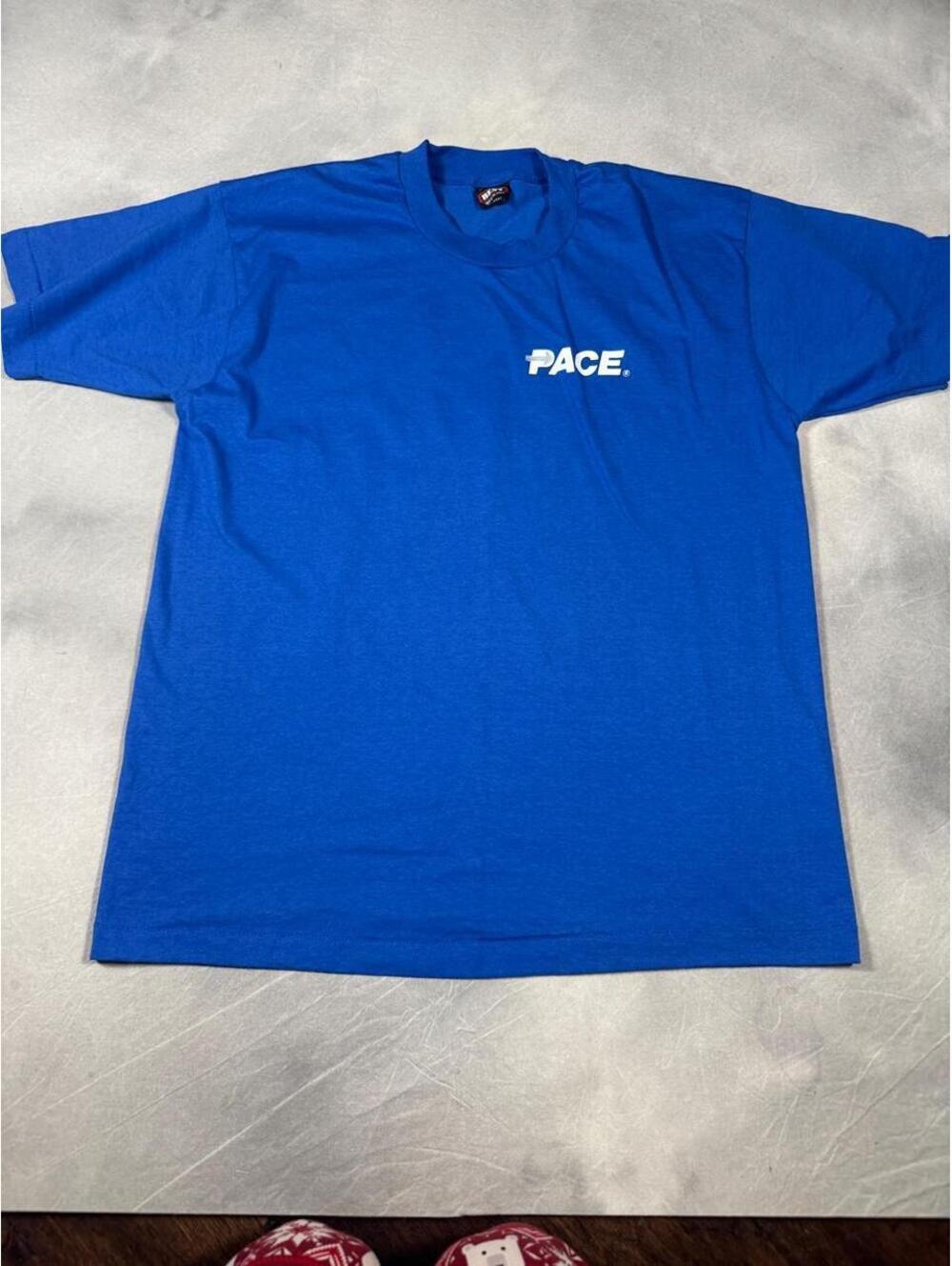 Vintage 90s PACE Logo T Shirt XL USA Fruit of the Loom BEST Blue 50/50